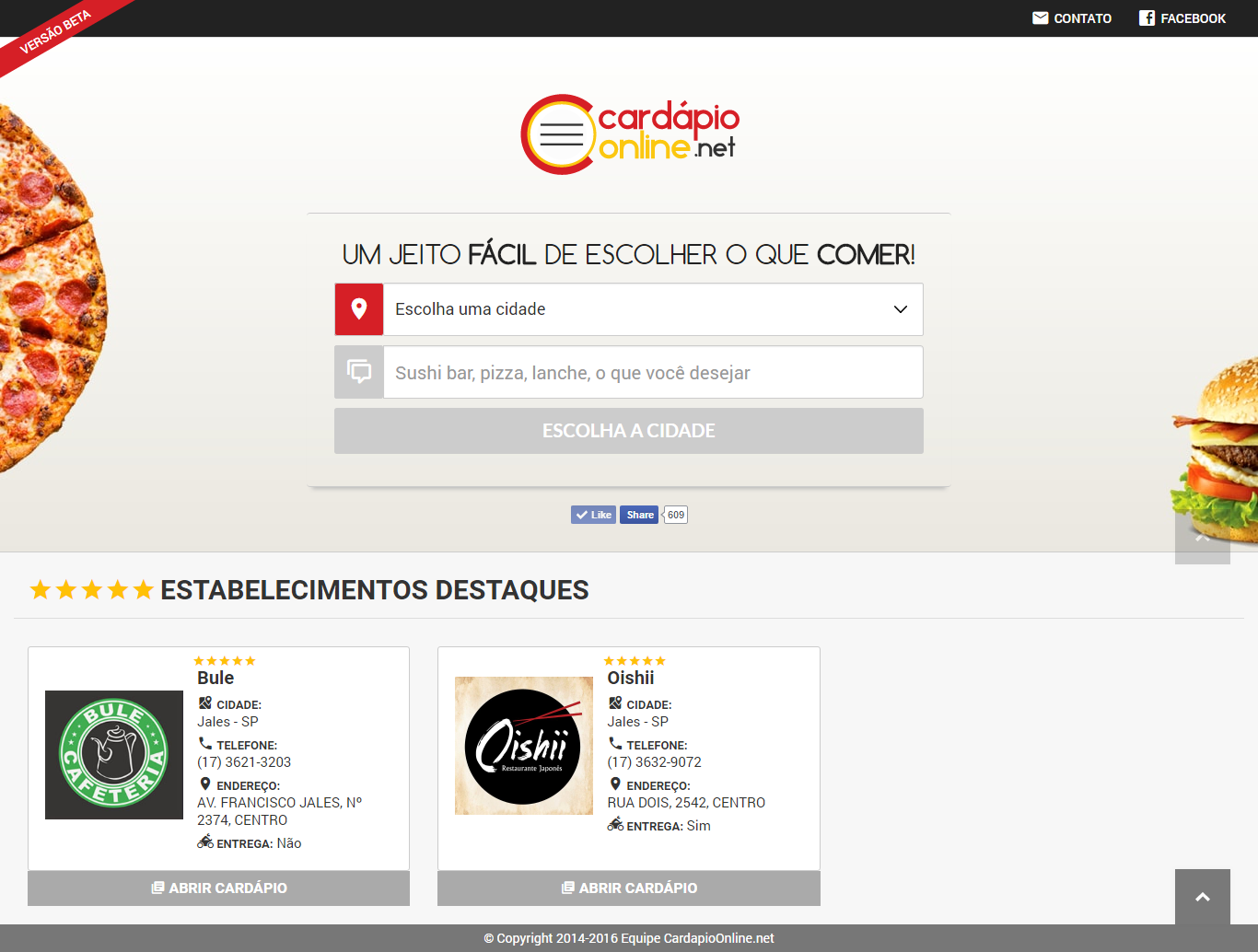 Tela de um computador, mostrando a página inicial de um site de busca de cardápios e informações de estabelecimentos gastronômicos